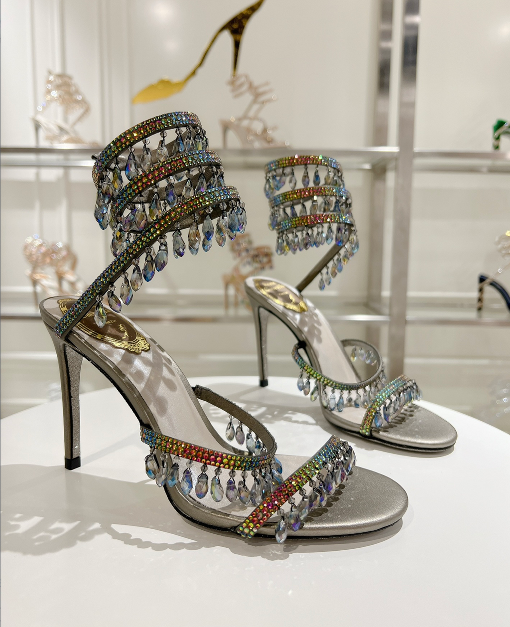 Chandelier embellished Silver satin sandals with multicolor rhinestones