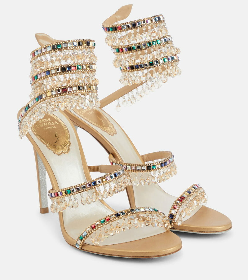 Chandelier embellished Neutral & Multicolor satin sandals