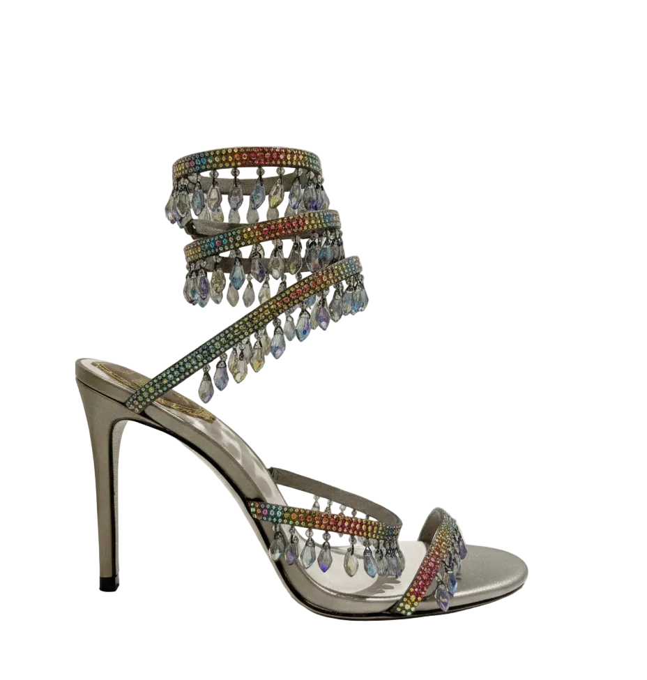Chandelier embellished Silver satin sandals with multicolor rhinestones