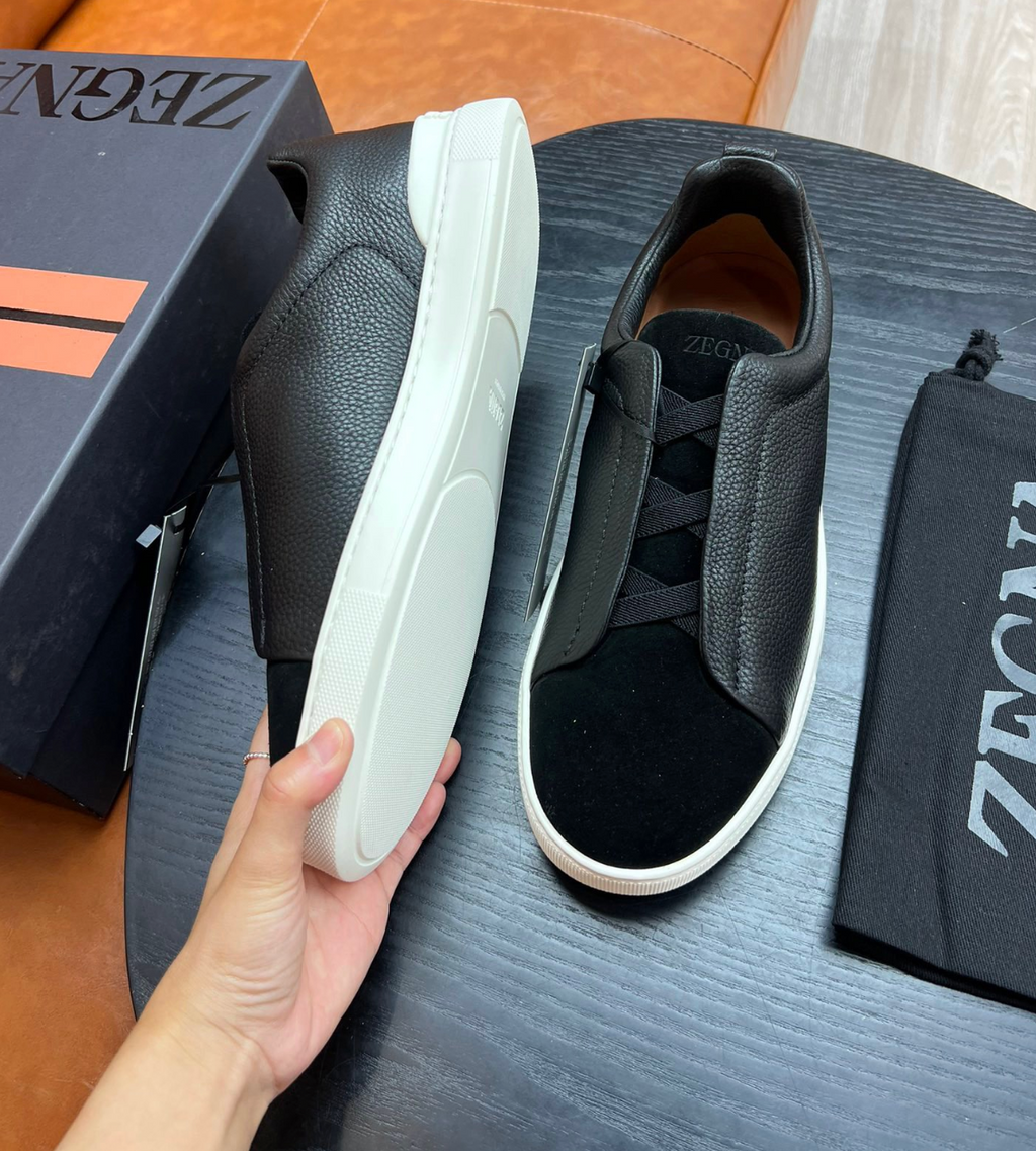Ermenegildo Zegna Black Triple stitch Leather & suede