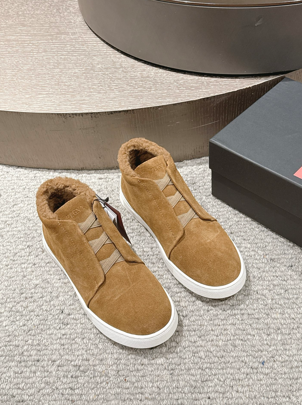 Ermenegildo Zegna tobacco suede deerskin wool Triple Stitch mid-top
