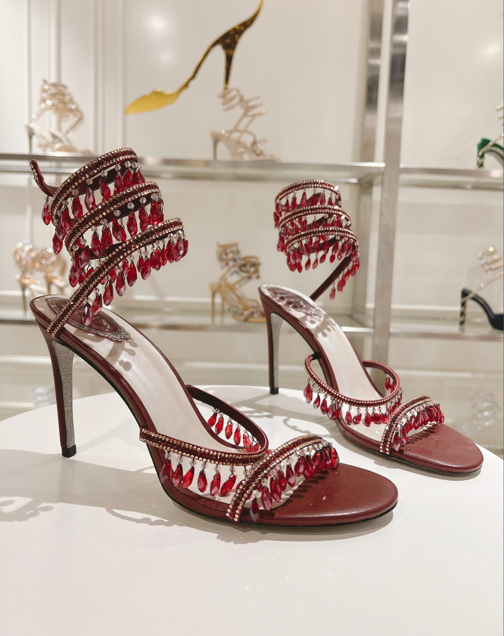 Chandelier embellished Burgundy satin sandals with rhinestones
