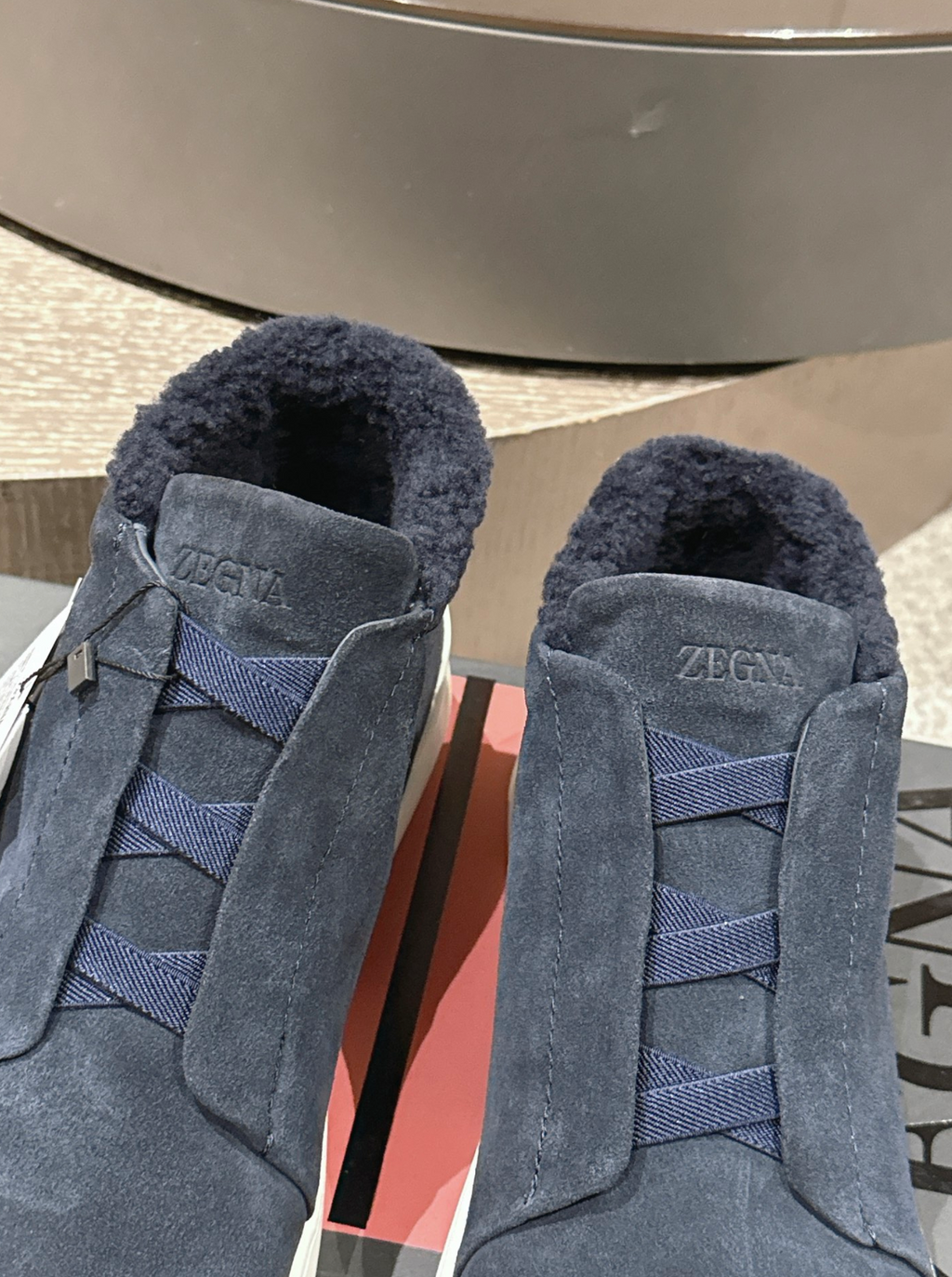 Ermenegildo Zegna navy suede deerskin wool Triple Stitch mid-top