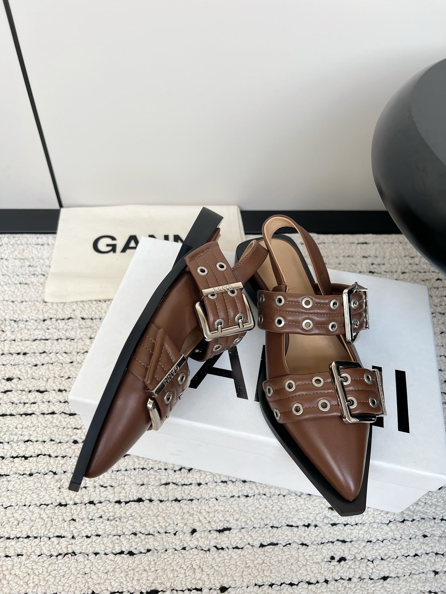 Ganni Buckle fastening Black Light Brown Ballerinas