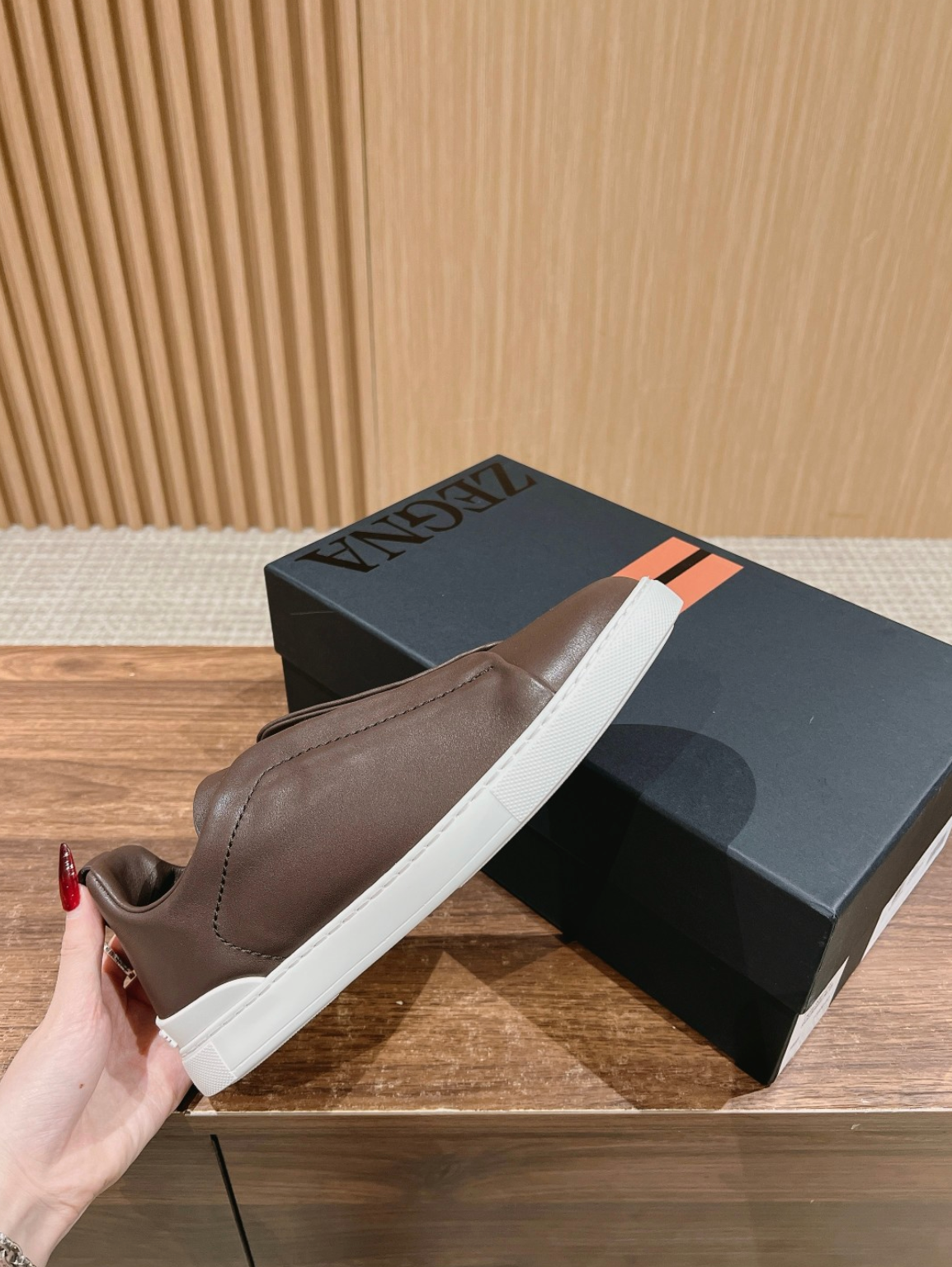 Ermenegildo Zegna dark brown deerskin Triple Stitch