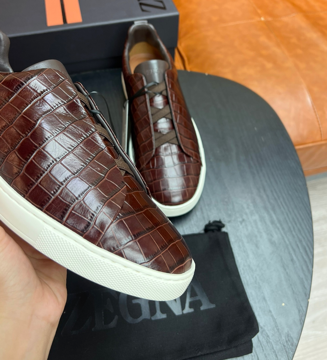 Ermenegildo Zegna Brown Crocodile Leather Triple Stitch