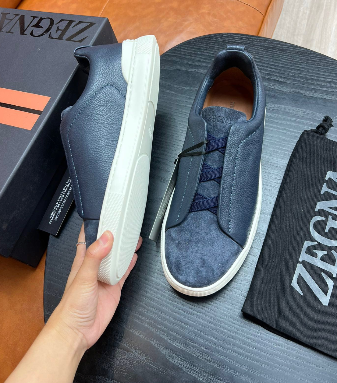 Ermenegildo Zegna Blue Triple stitch Leather & suede