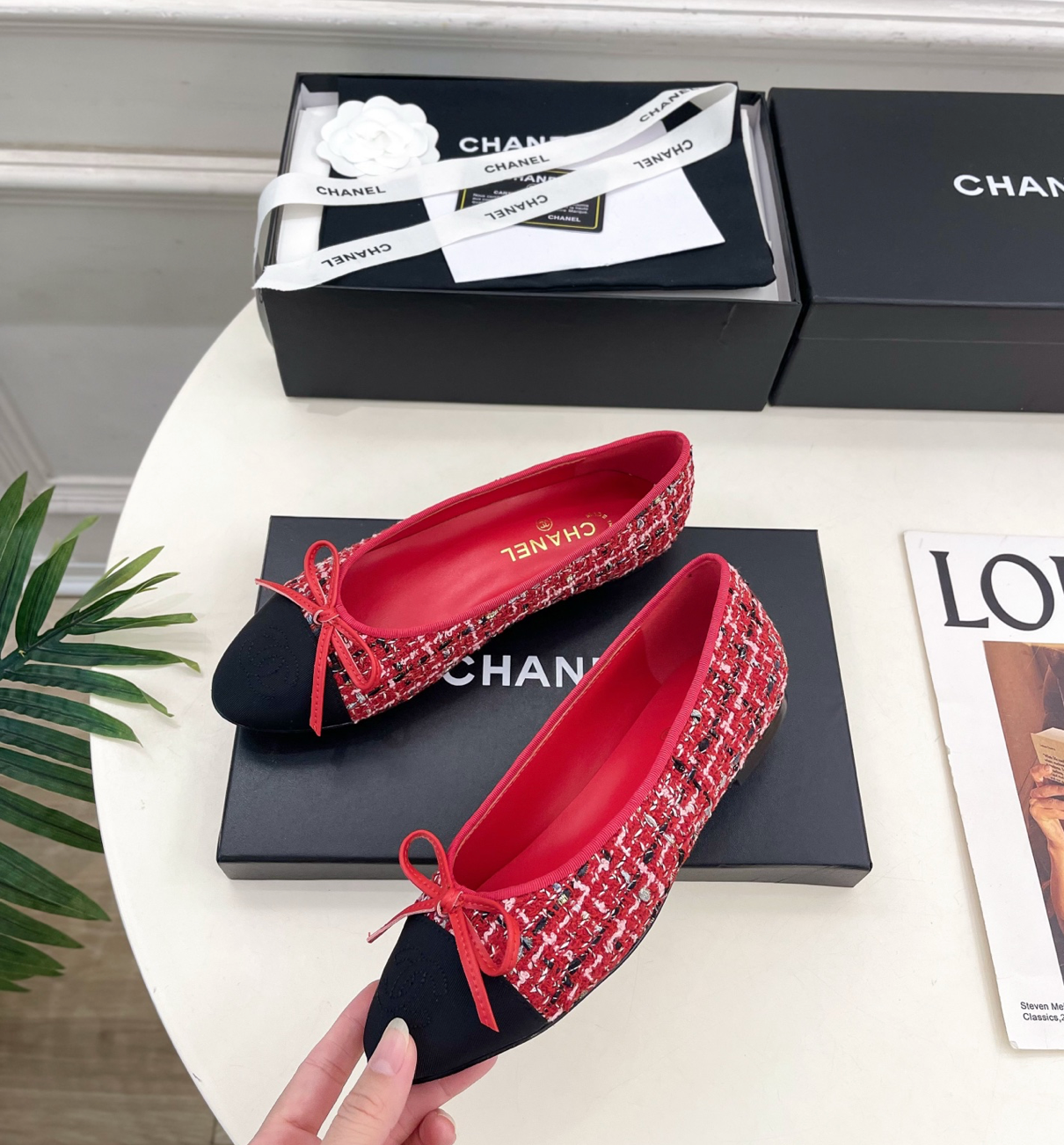 CHANEL Red Ballerinas in Tweed & Grosgrain