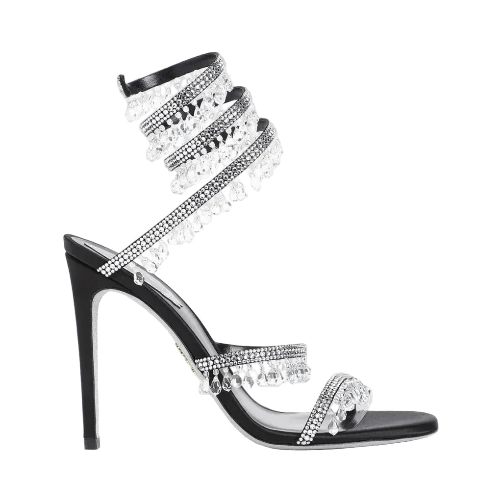 Chandelier embellished Black satin sandals with clear rhinestones