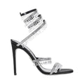 Chandelier embellished Black satin sandals with clear rhinestones