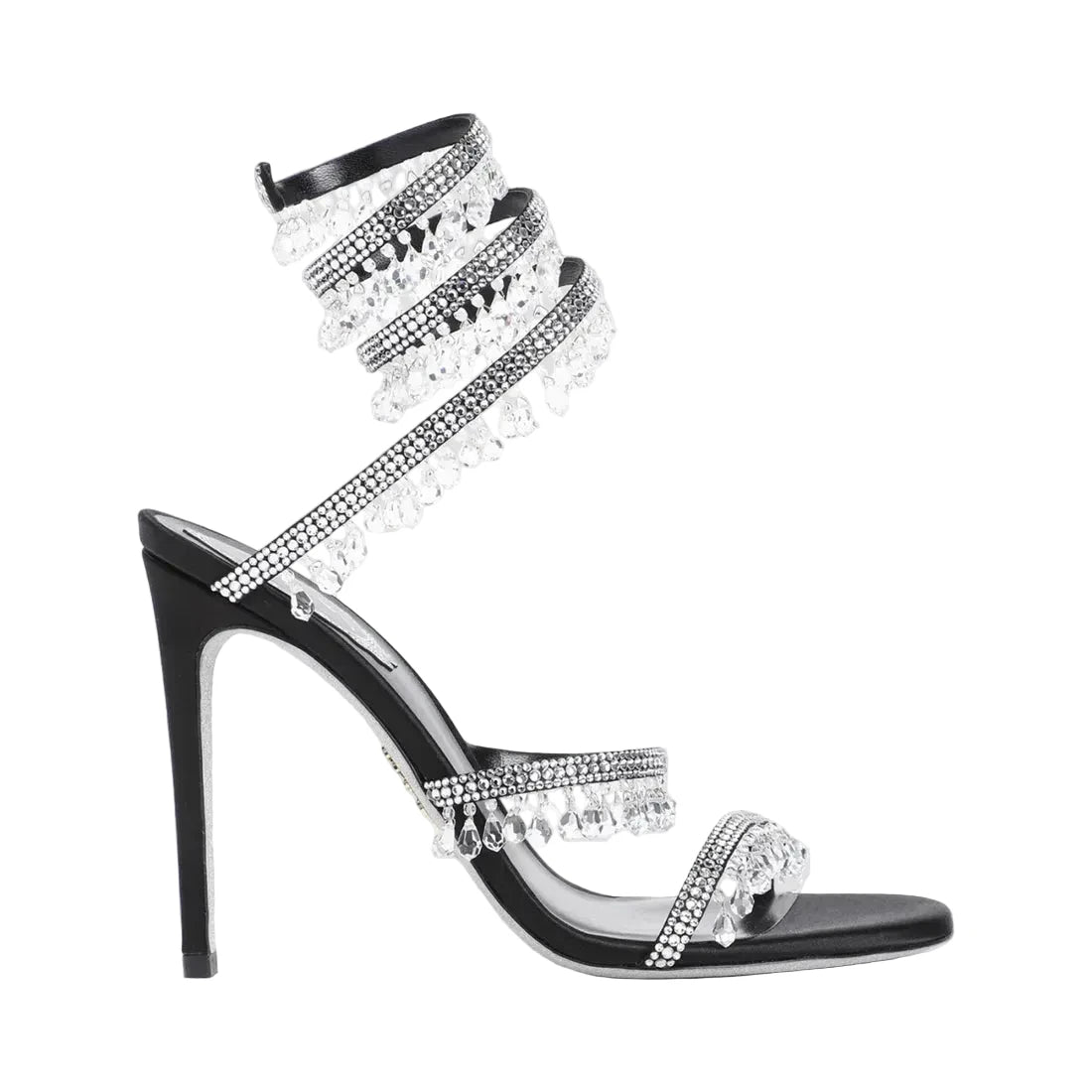 Chandelier embellished Black satin sandals with clear rhinestones