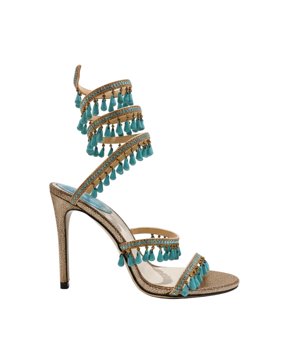 Chandelier embellished Bronze satin sandals with Blue rhinestones
