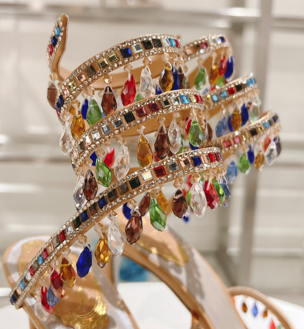 Chandelier embellished Multicolor satin sandals with rhinestones