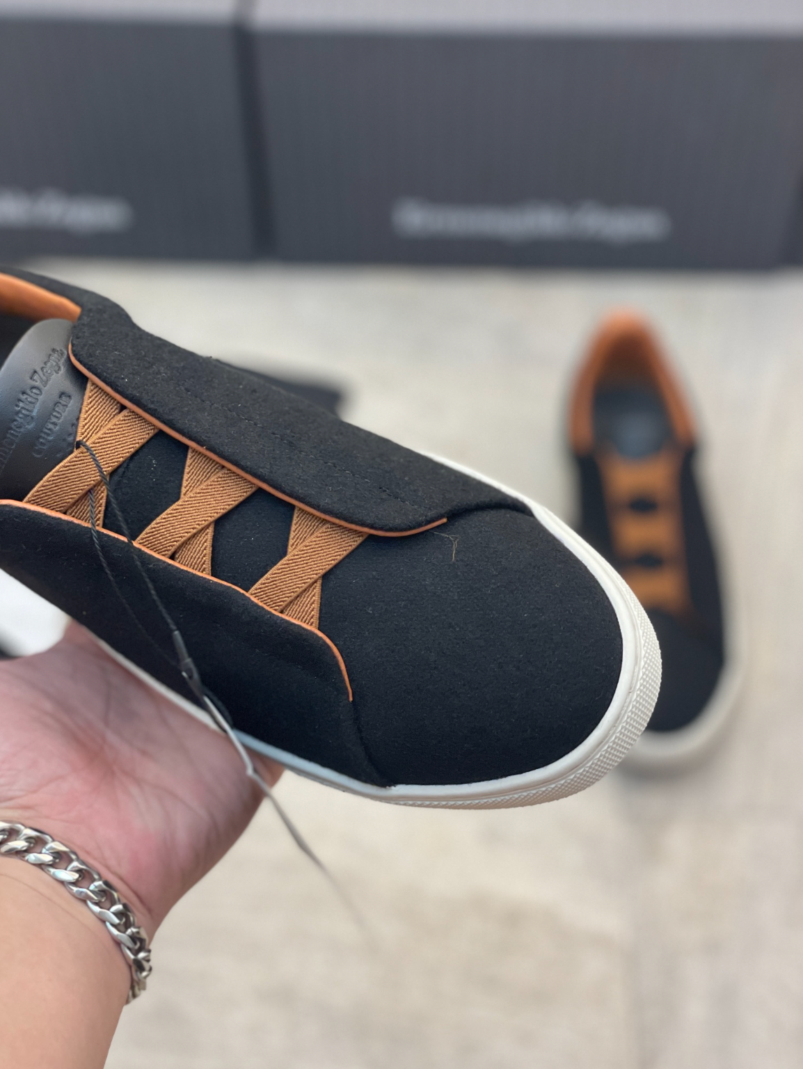 Ermenegildo Zegna dark blue triple brown stitch Wool-Vicuna