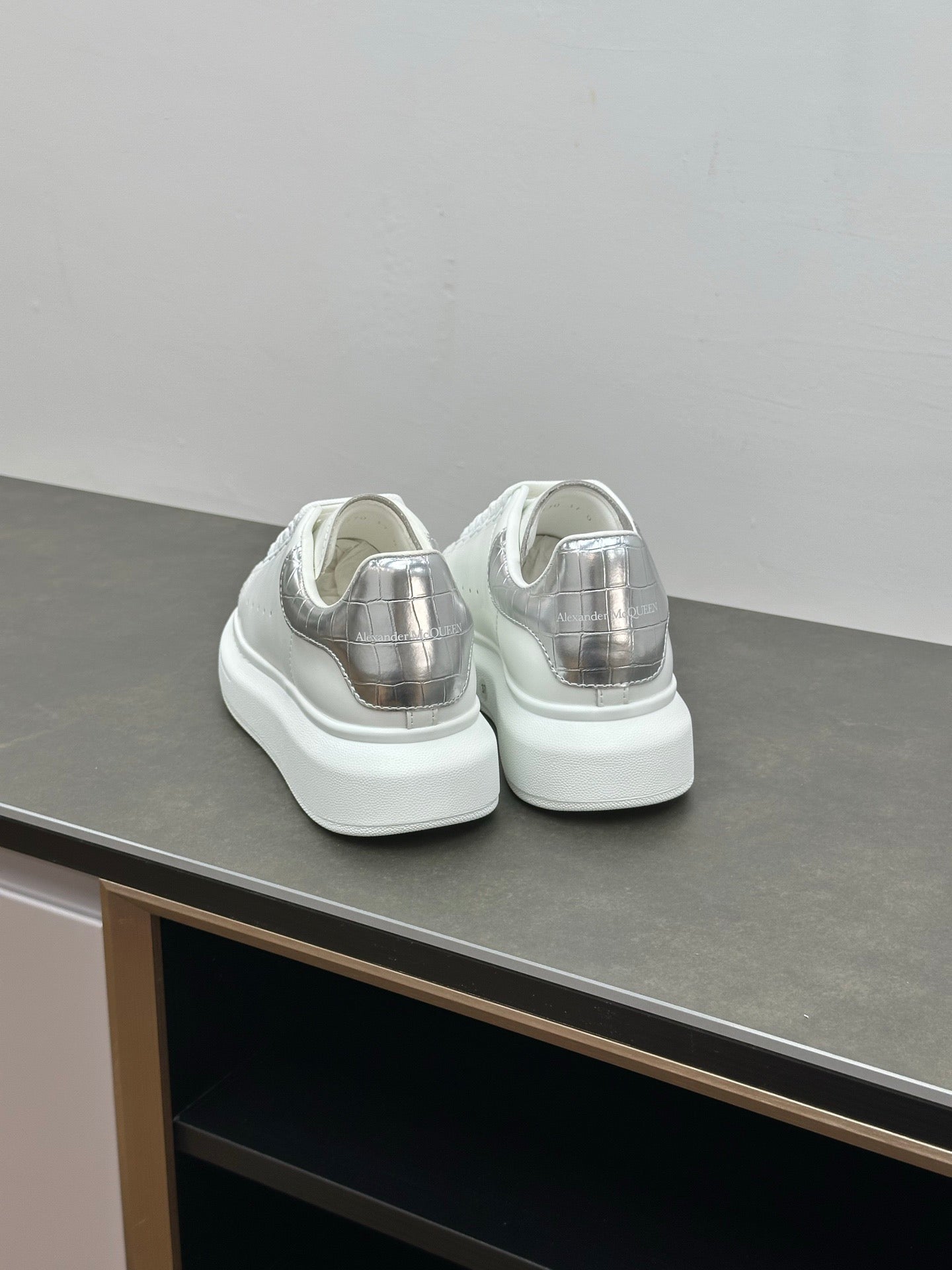 Oversized crocodile-effect leather Silver sneakers