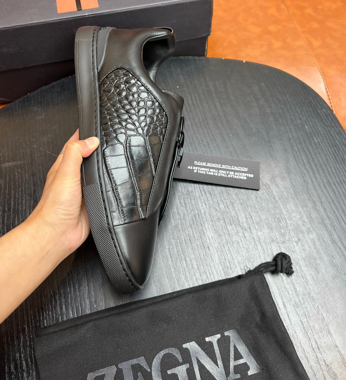 Ermenegildo Zegna Dimensions Black Crocodile Leather Triple Stitch