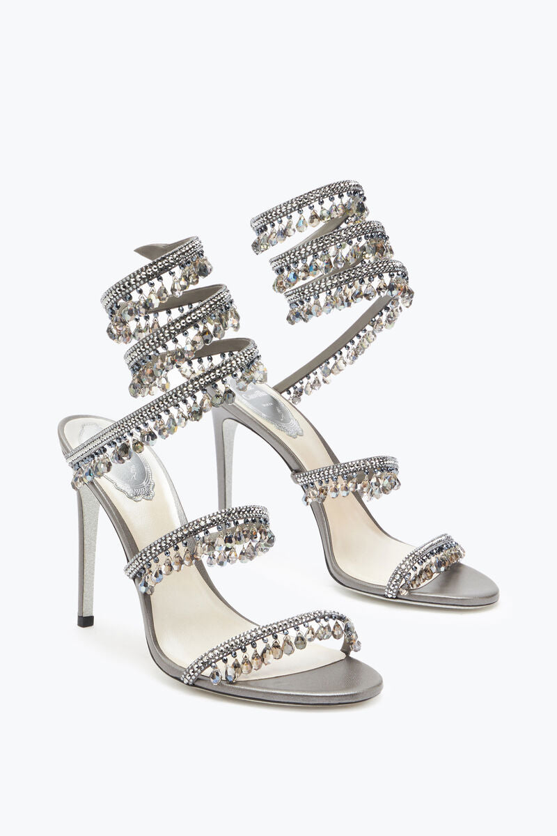Chandelier embellished Grey satin sandals with clear rhinestones