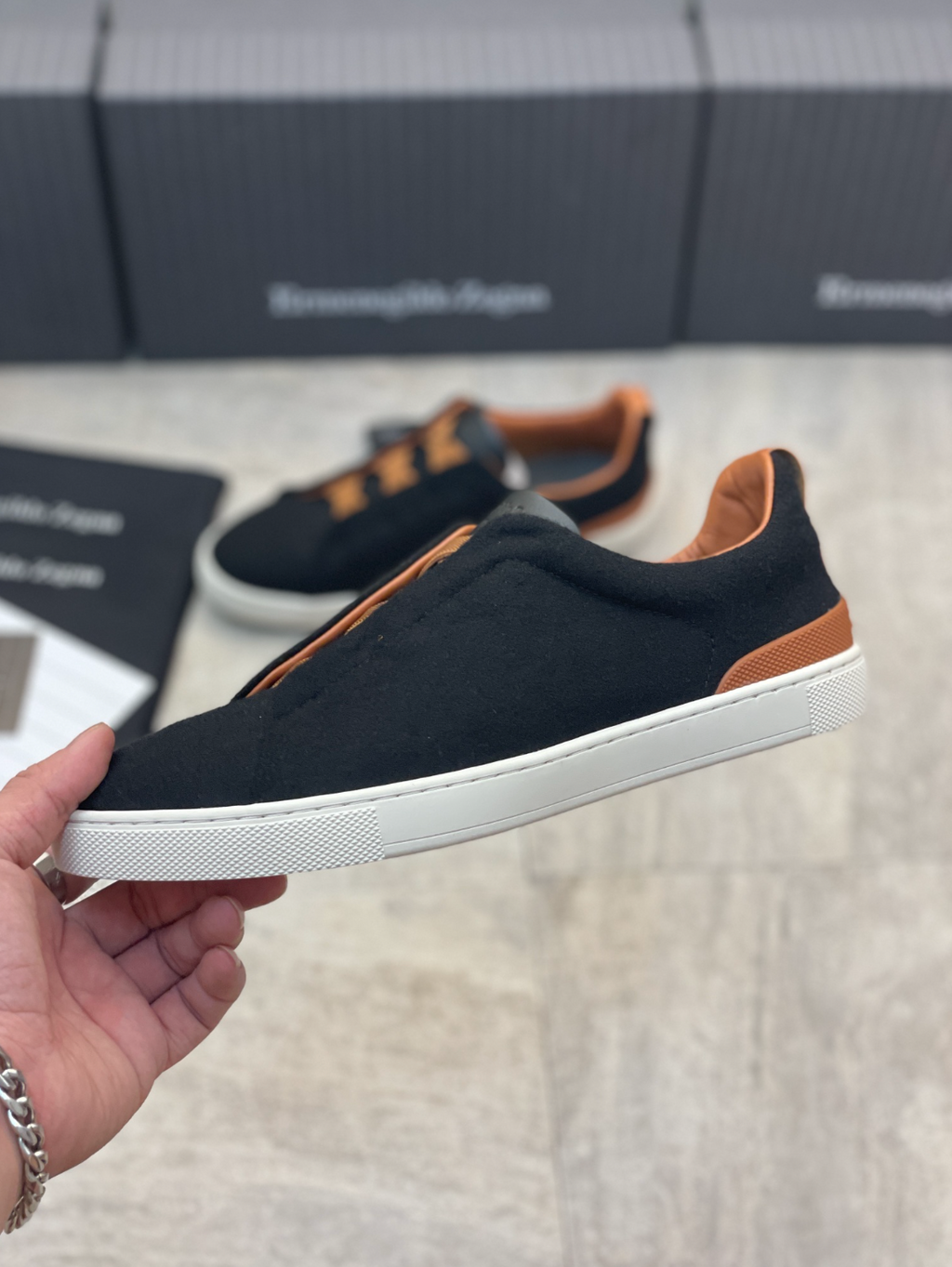 Ermenegildo Zegna dark blue triple brown stitch Wool-Vicuna