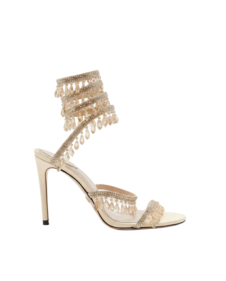 Chandelier embellished Taupe satin sandals with rhinestones