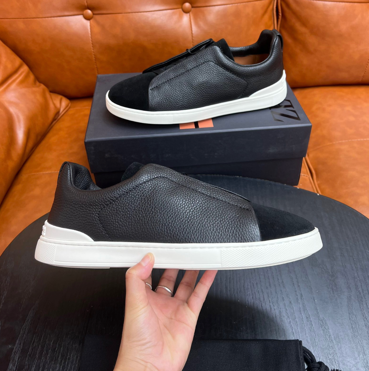 Ermenegildo Zegna Black Triple stitch Leather & suede