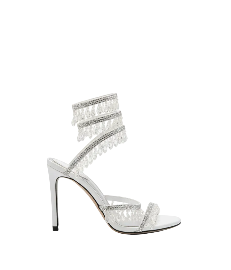 Chandelier embellished White satin sandals with clear rhinestones