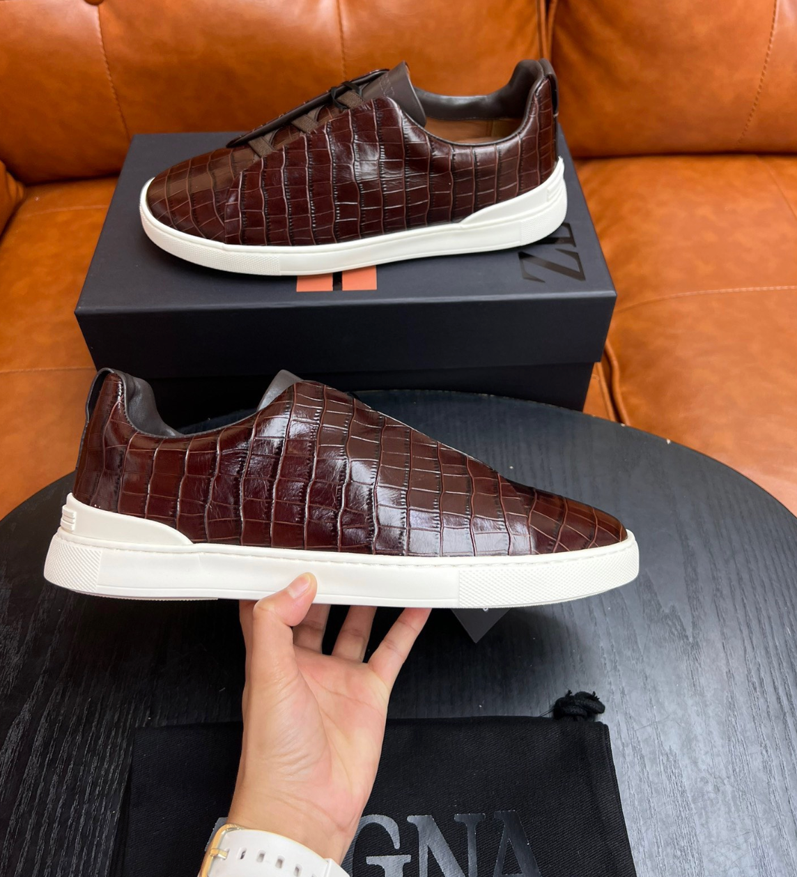 Ermenegildo Zegna Brown Crocodile Leather Triple Stitch