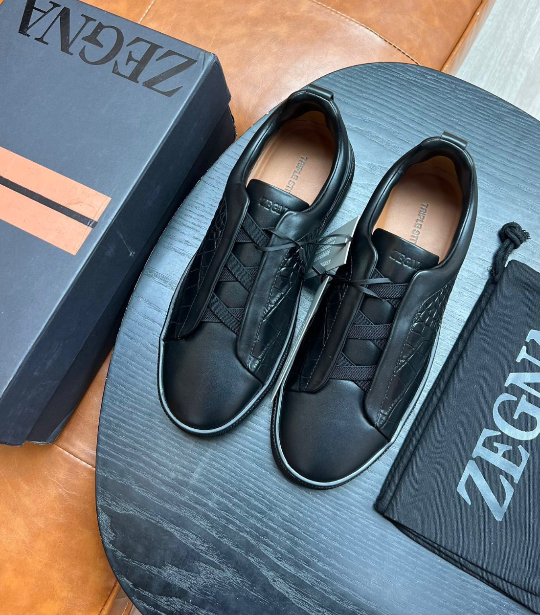 Ermenegildo Zegna Dimensions Black Crocodile Leather Triple Stitch