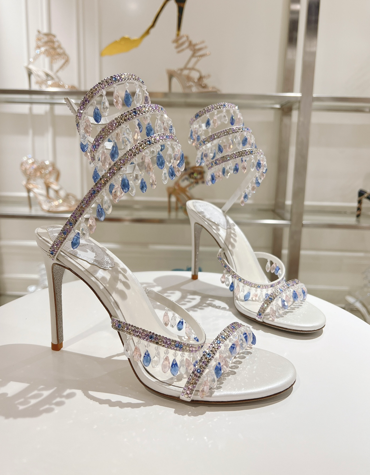 Chandelier embellished White satin sandals with Clear/Blue rhinestones