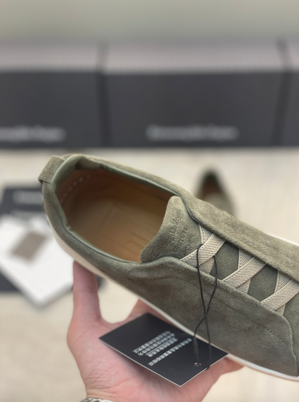 Ermenegildo Zegna olive green suede triple stitch