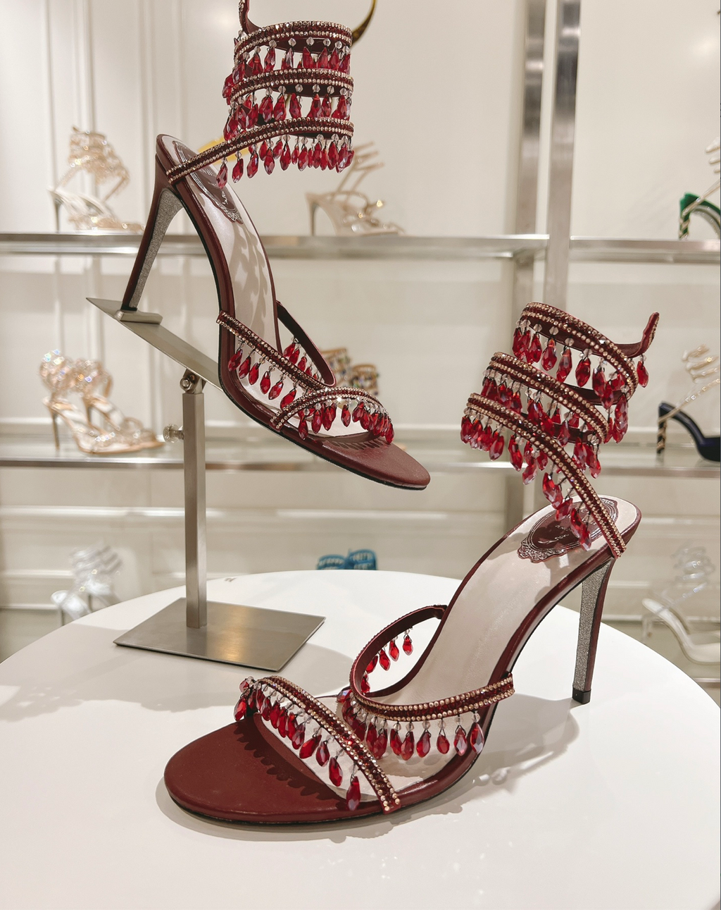 Chandelier embellished Burgundy satin sandals with rhinestones
