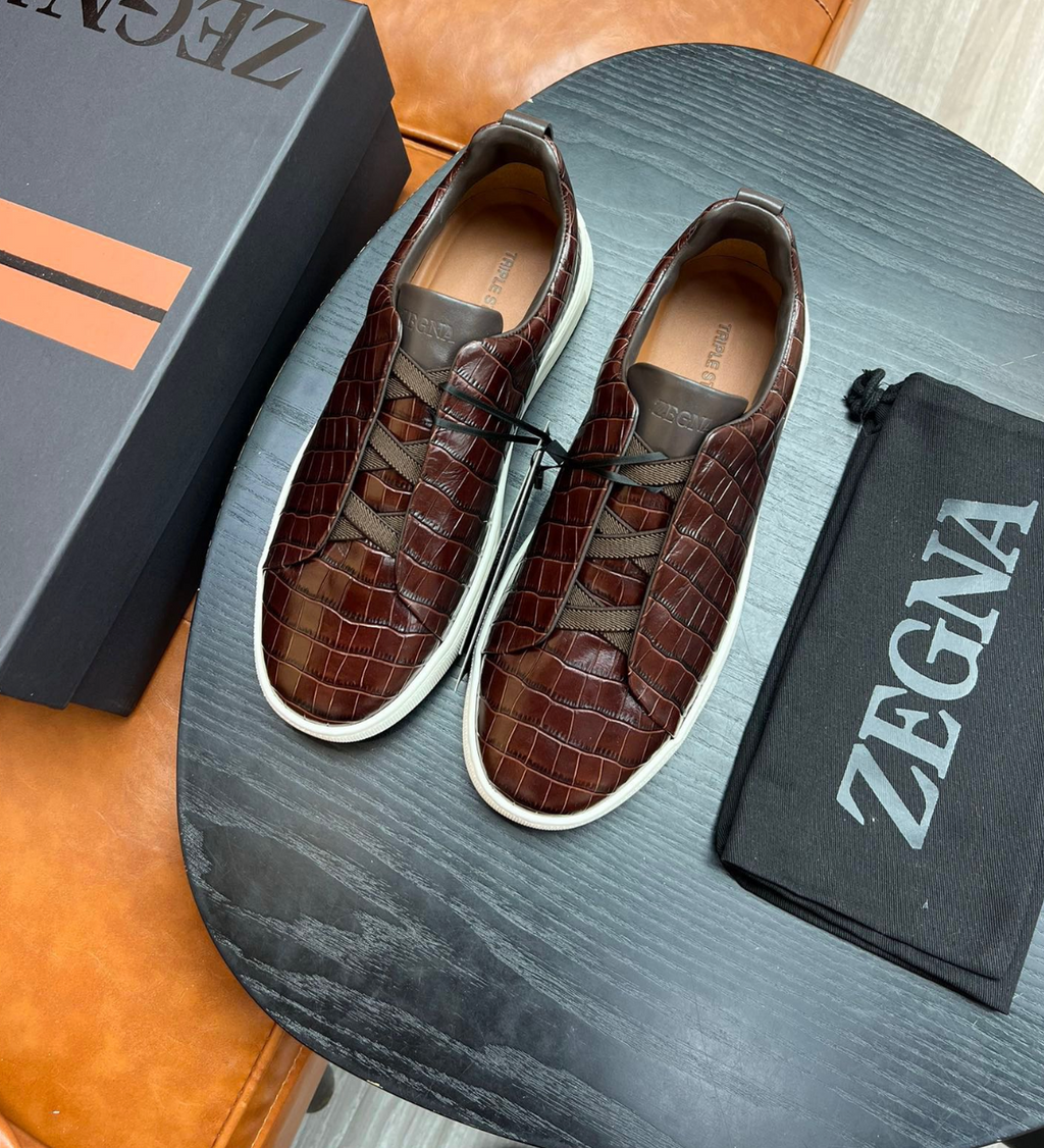 Ermenegildo Zegna Brown Crocodile Leather Triple Stitch