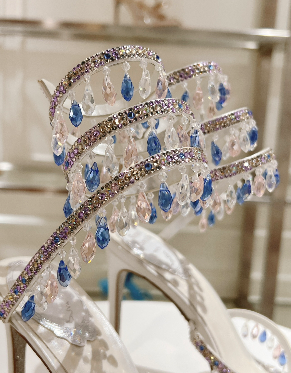 Chandelier embellished White satin sandals with Clear/Blue rhinestones