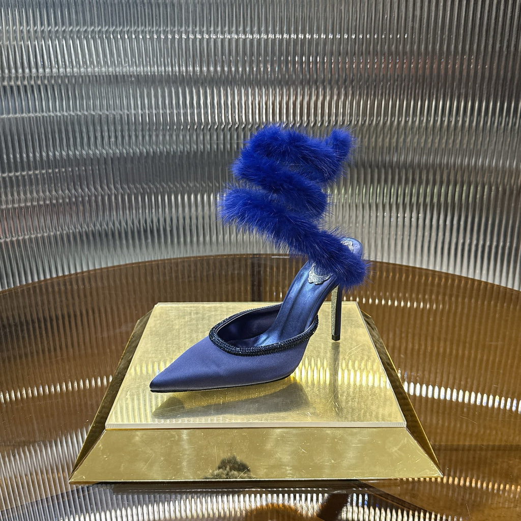 Cleo Fur-Trimmed Pump Stiletto Sandals in Blue
