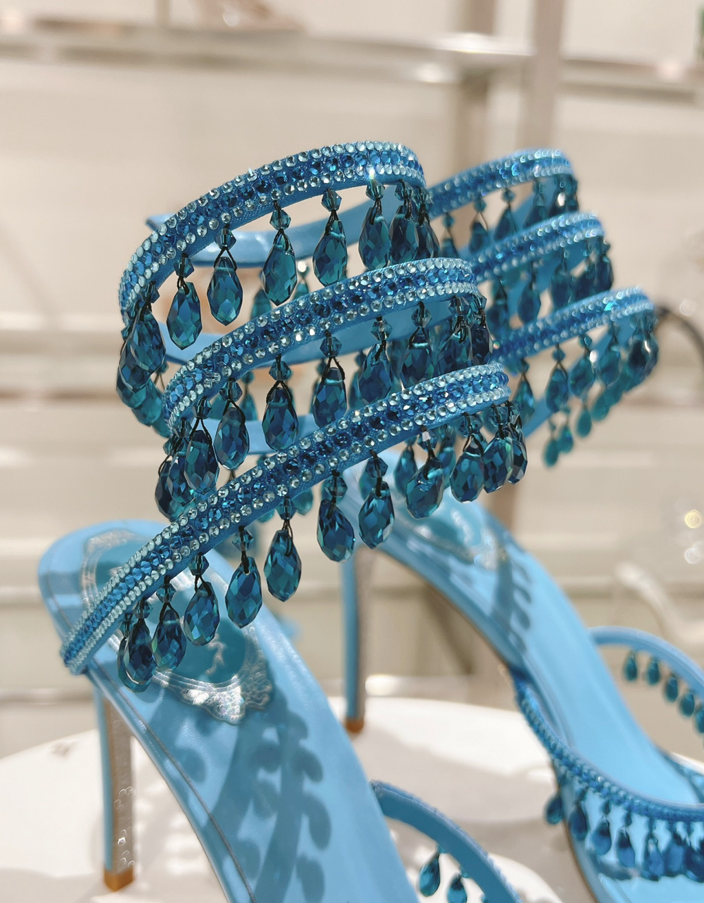 Chandelier embellished Blue satin sandals with rhinestones