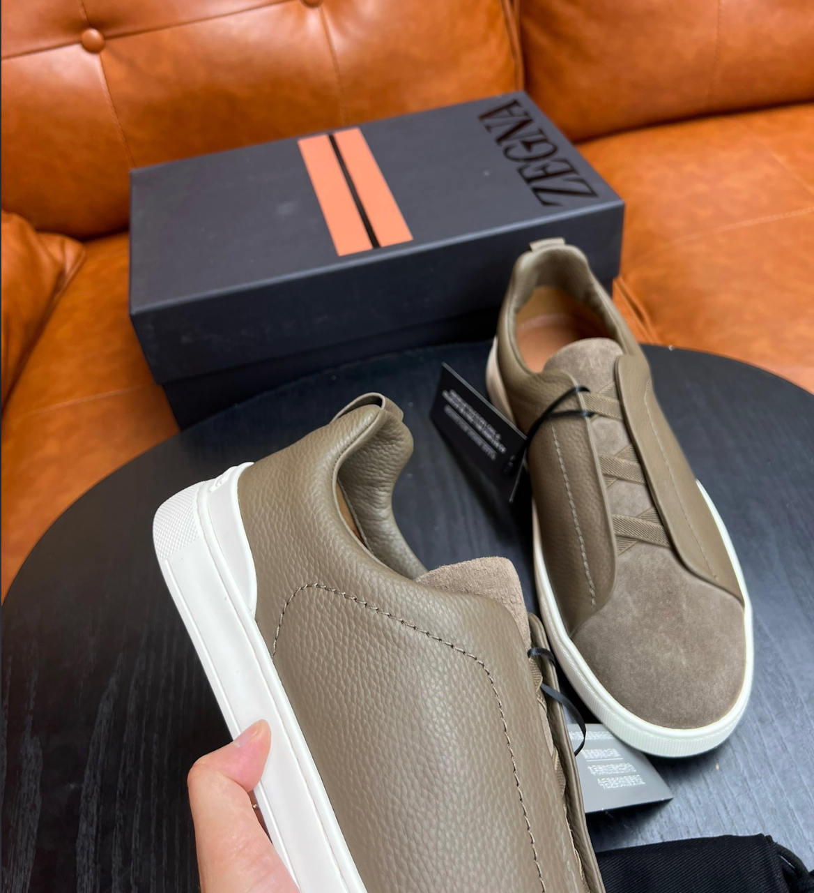 Ermenegildo Zegna Olive Green Triple stitch Leather & suede