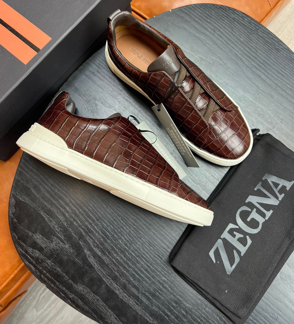 Ermenegildo Zegna Brown Crocodile Leather Triple Stitch
