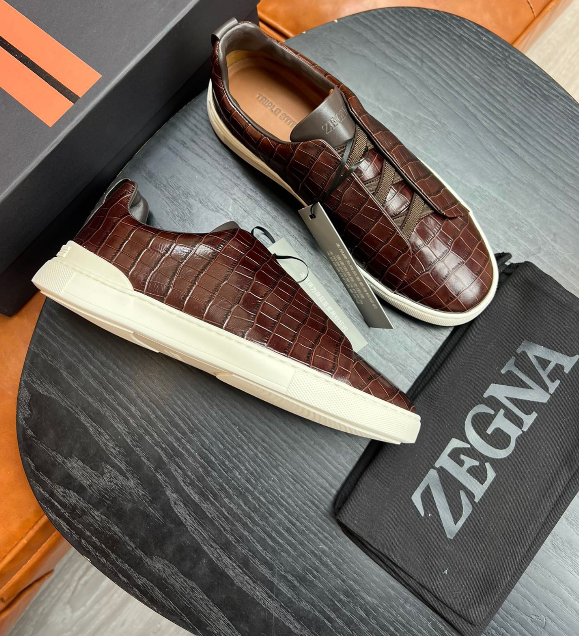 Ermenegildo Zegna Brown Crocodile Leather Triple Stitch