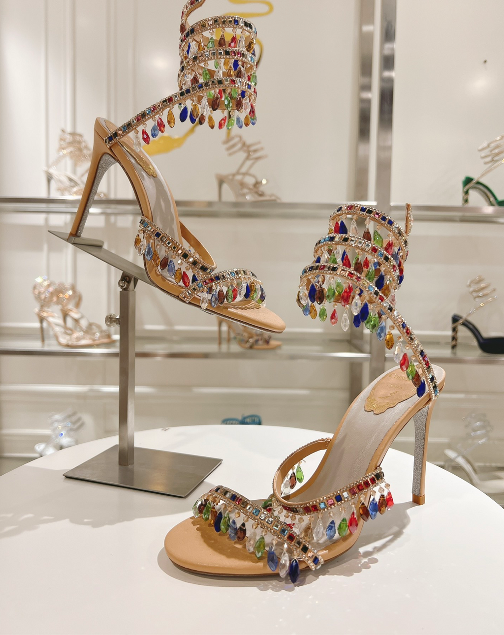 Chandelier embellished Multicolor satin sandals with rhinestones