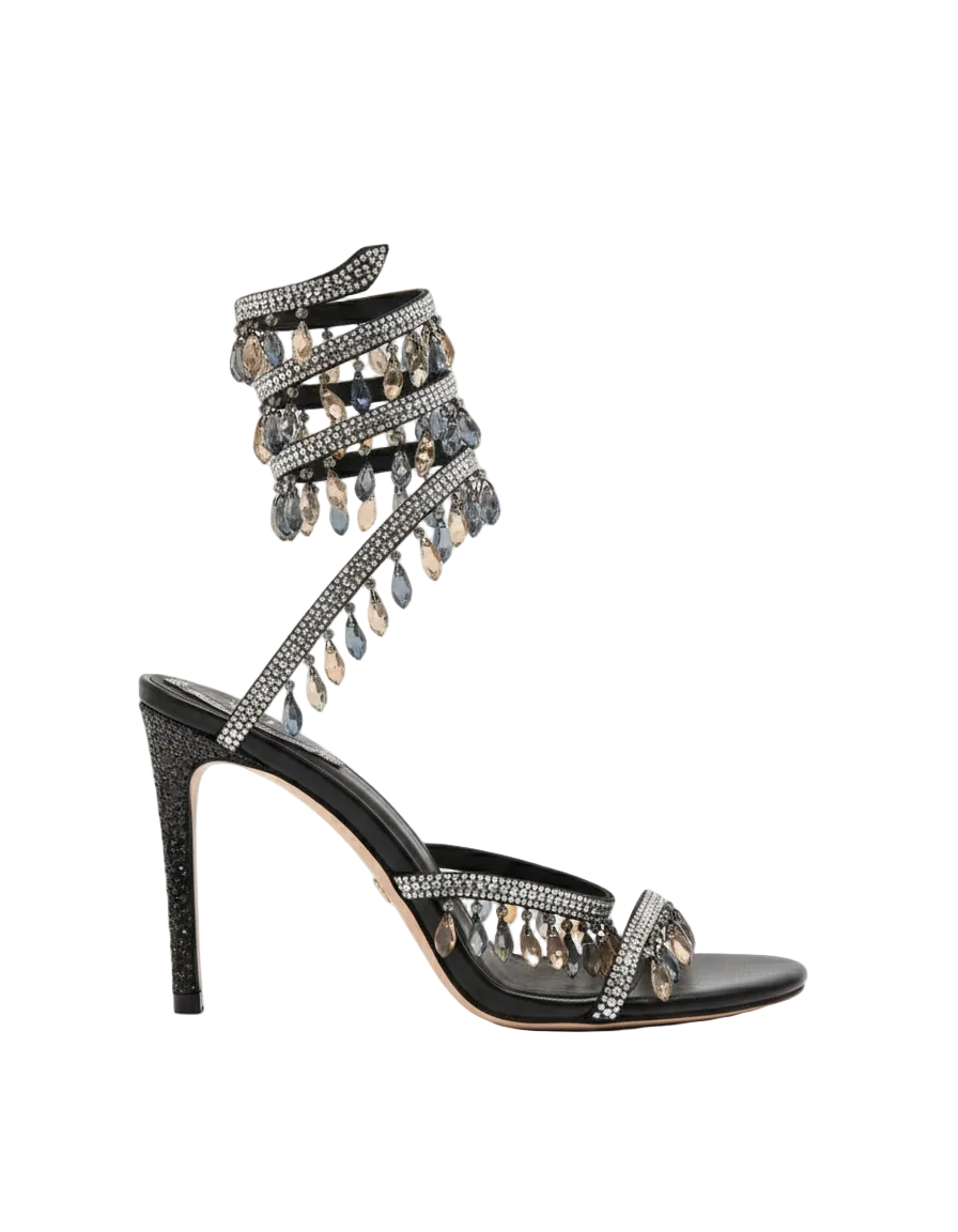 Chandelier embellished Black satin sandals with multicolor rhinestones