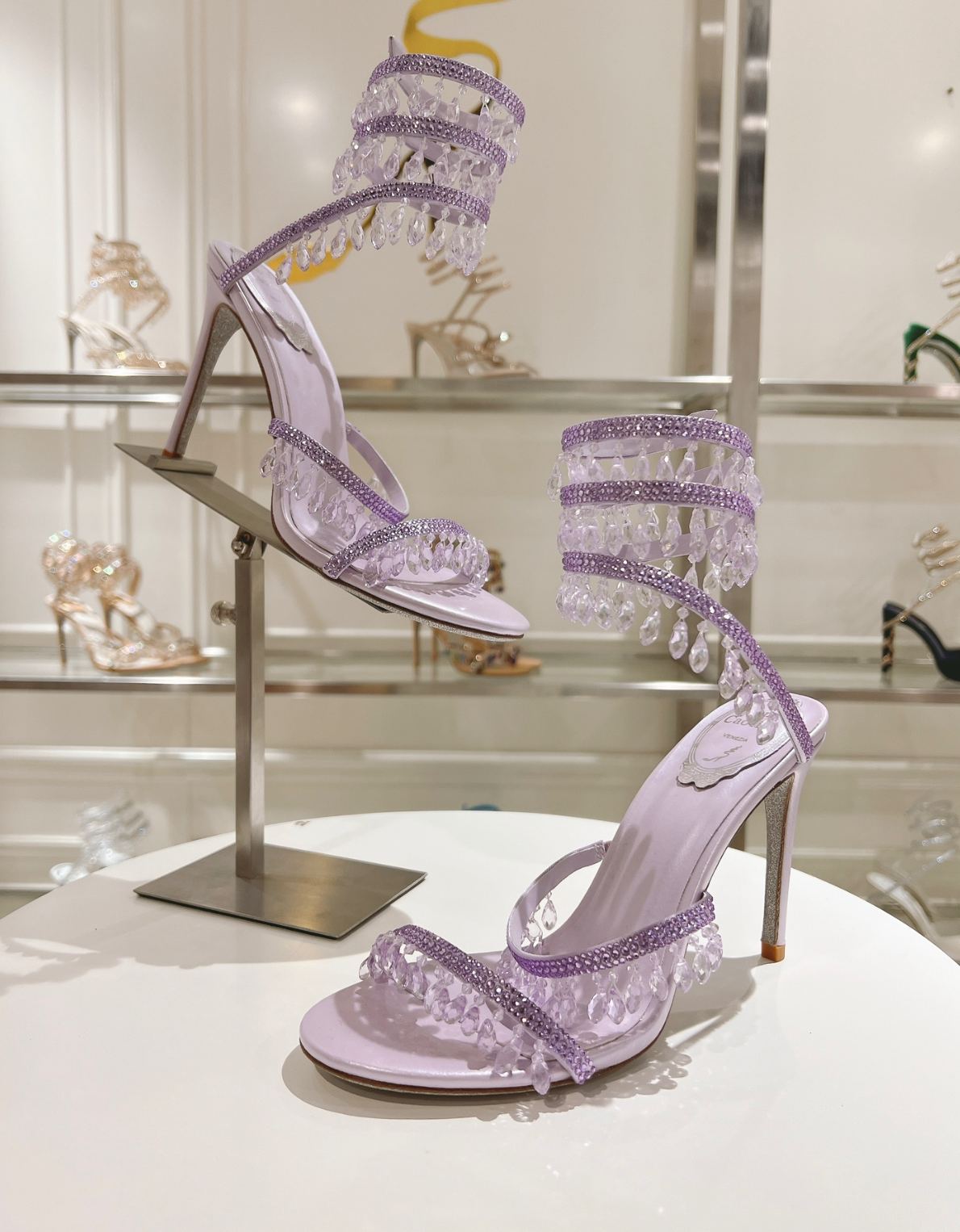Chandelier embellished Lilac satin sandals with rhinestones