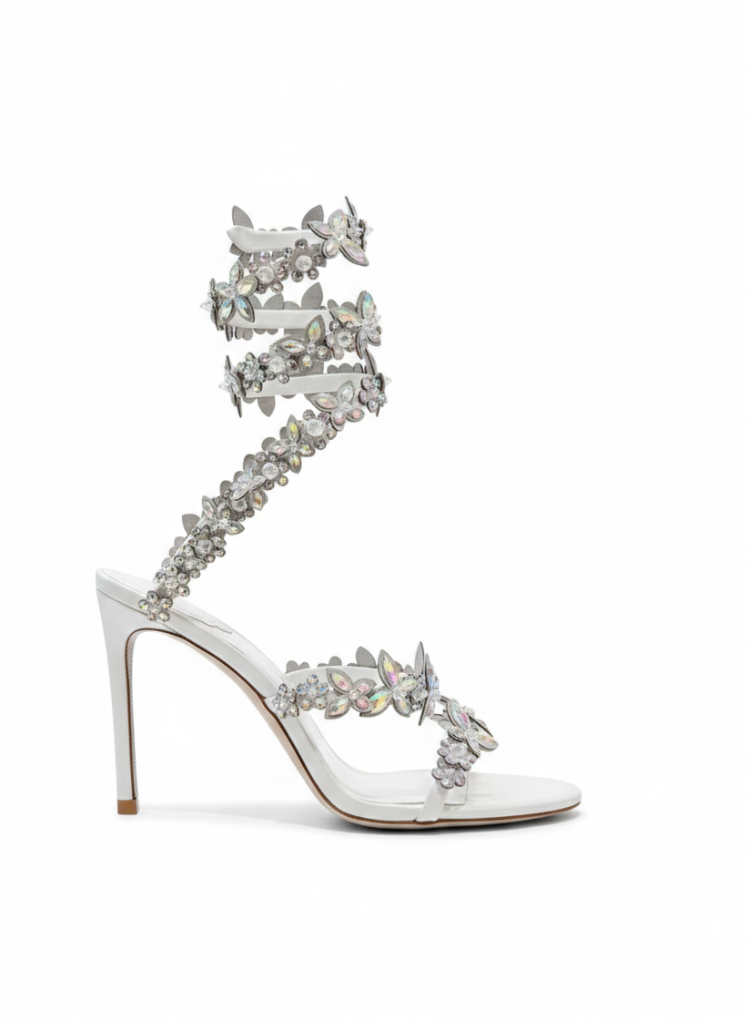 Eden White Crystal Satin Sandals