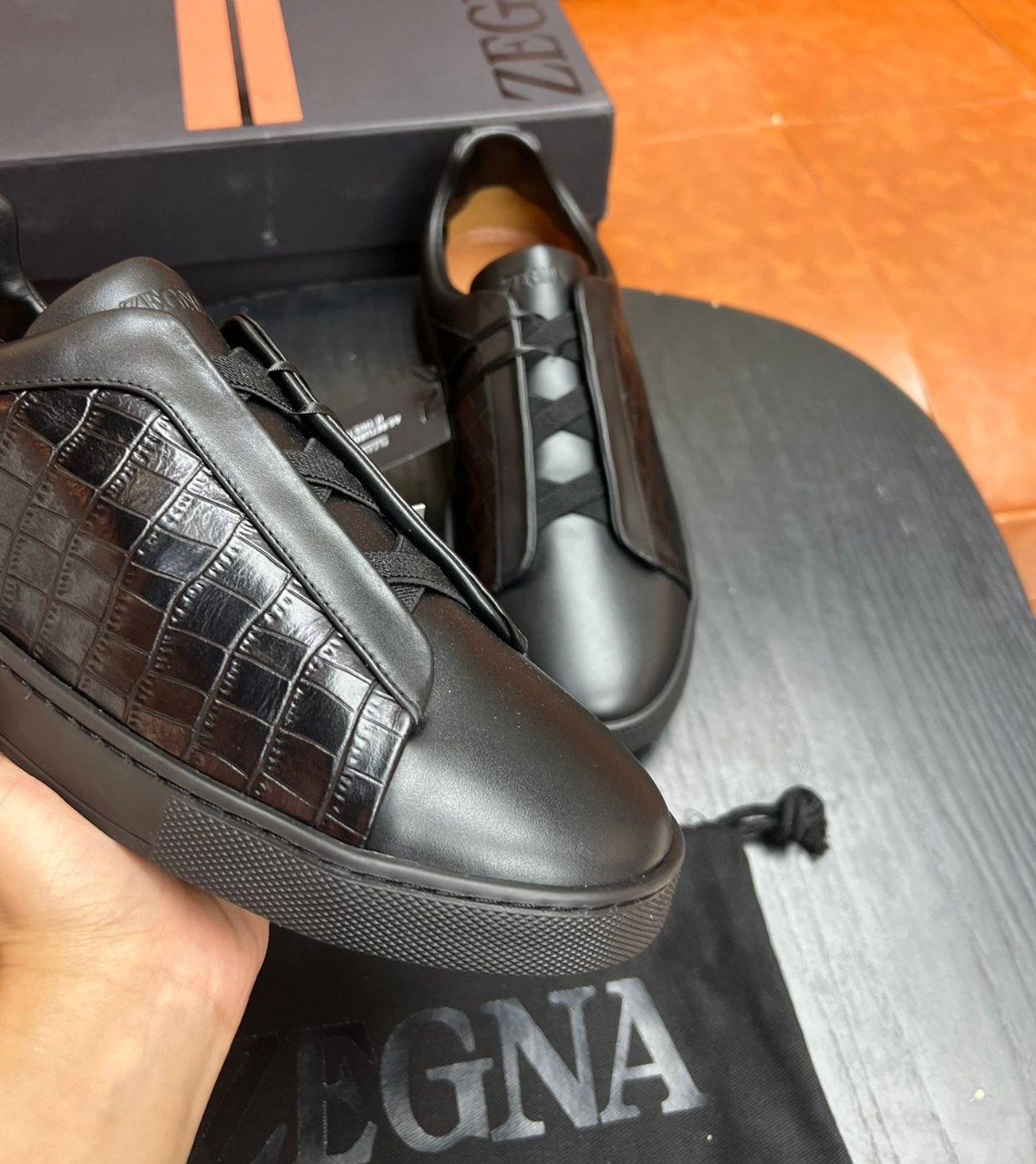 Ermenegildo Zegna Black Crocodile Leather Triple Stitch