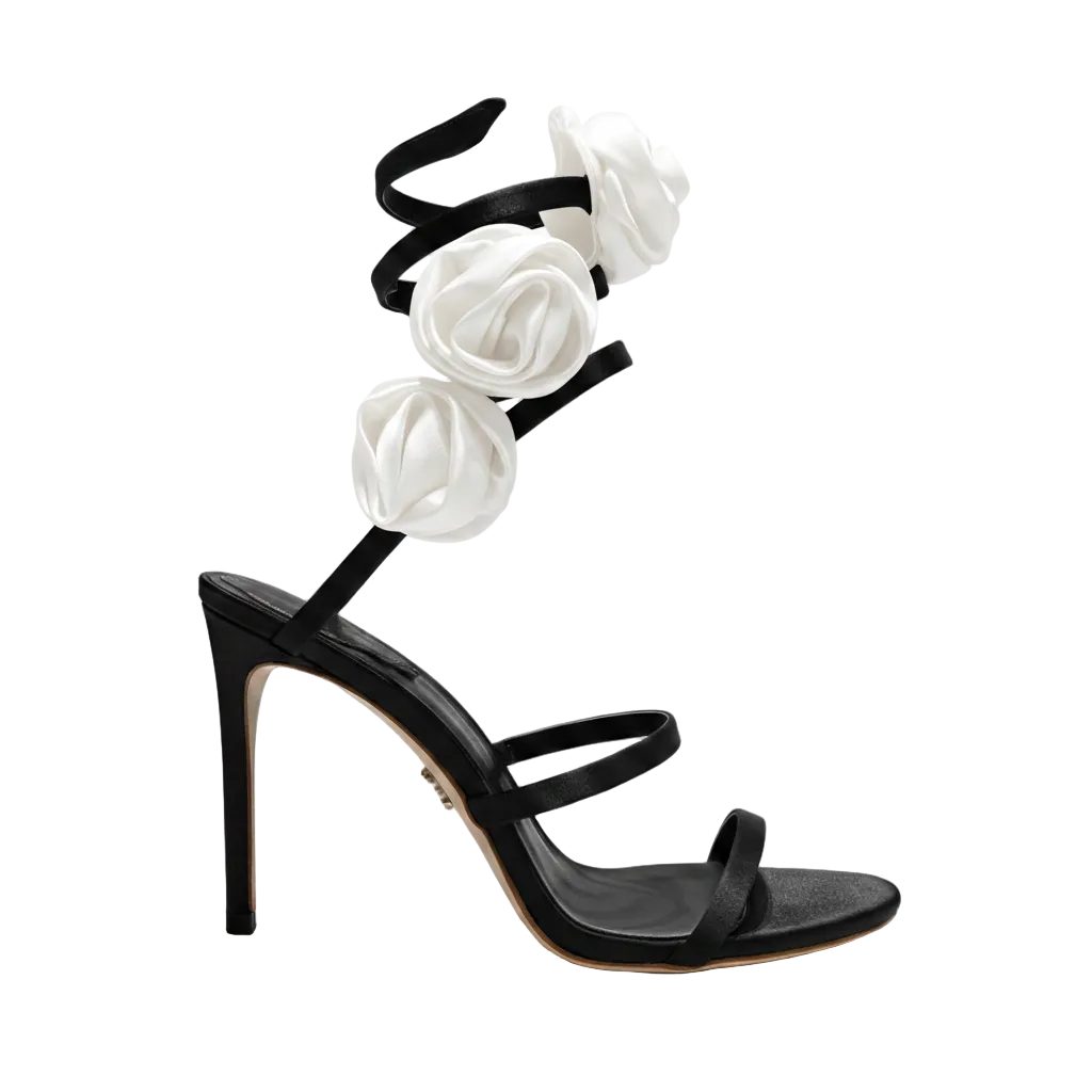 Florian Black satin Rose sandals with contrasting appliqué