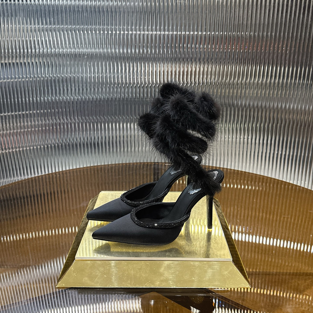 Cleo Fur-Trimmed Pump Stiletto Sandals in Black