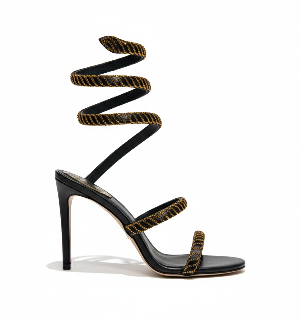 Cleo Sunshine Crystal Ankle Wrap Black Sandal Heel Pump