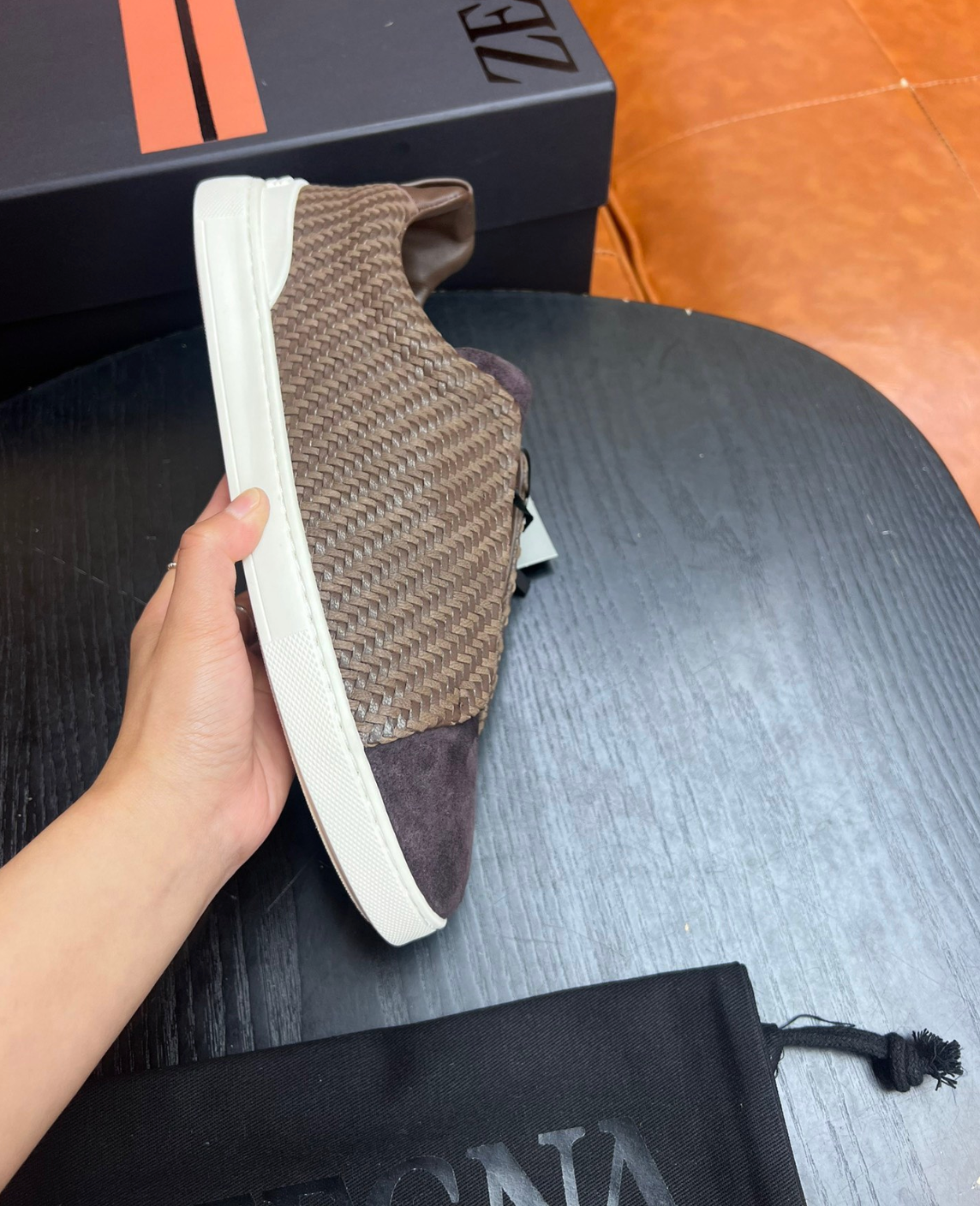 Ermenegildo Zegna Brown Triple stitch PELLETESSUTA Leather and suede