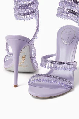 Chandelier embellished Lilac satin sandals with rhinestones