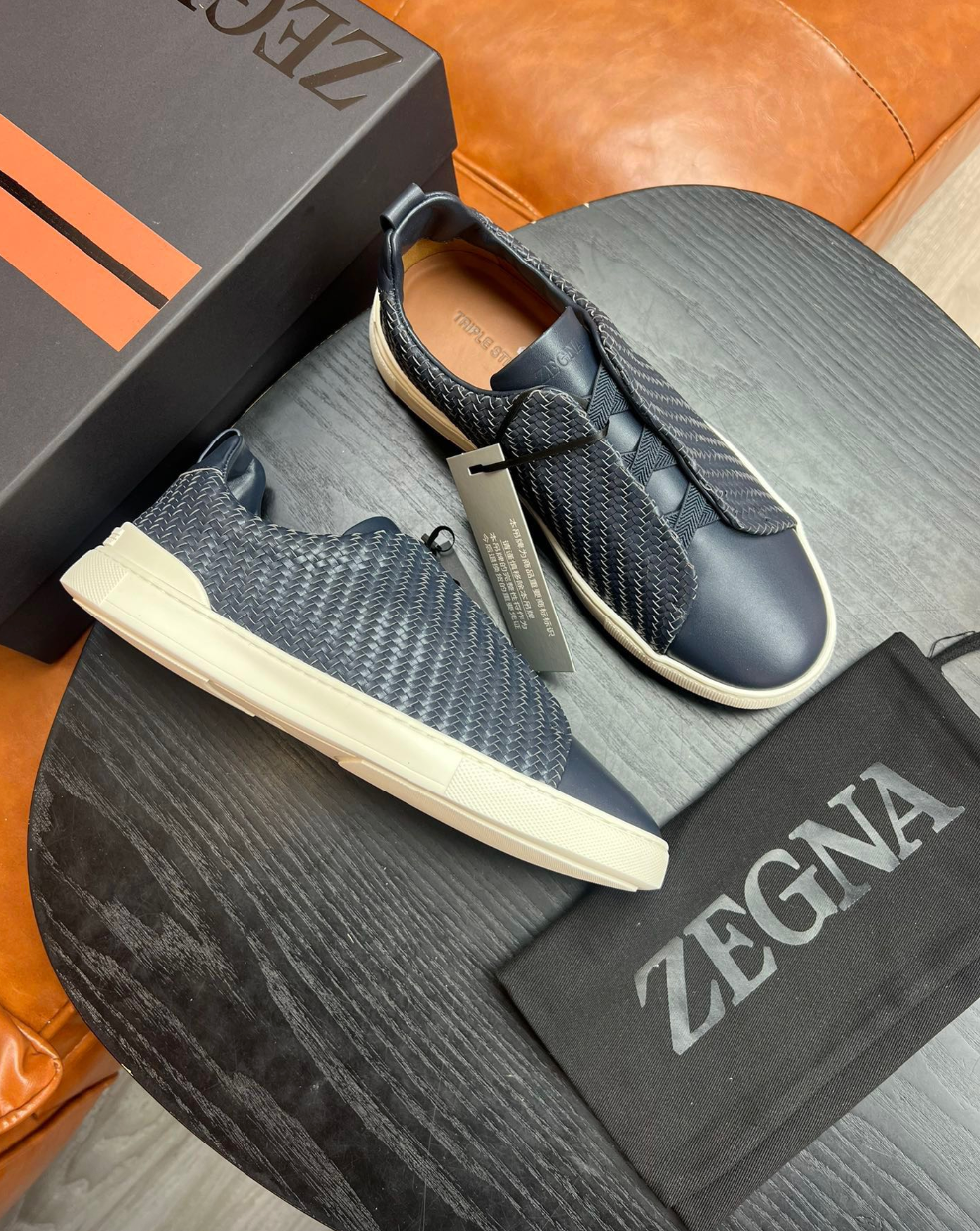 Ermenegildo Zegna Navy Triple stitch PELLETESSUTA Leather