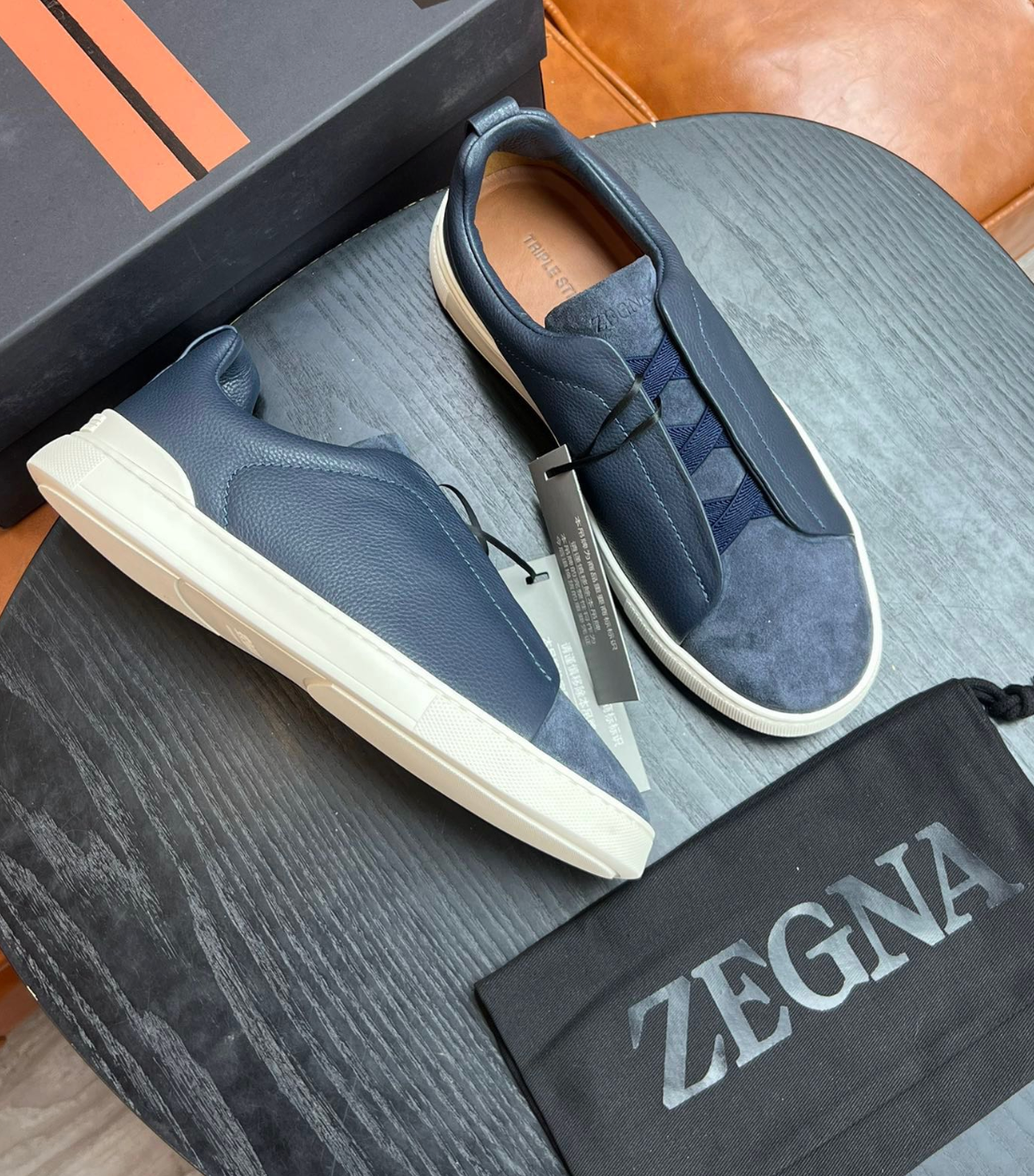 Ermenegildo Zegna Blue Triple stitch Leather & suede
