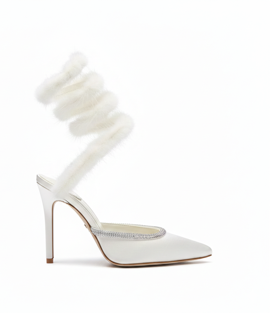 Cleo Fur-Trimmed Pump Stiletto Sandals in White